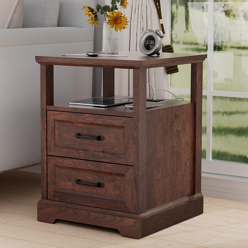 HOMMPA 18'' W Farmhouse Nightstand with Charging Station, Bedside Tab...