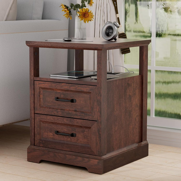 HOMMPA 18'' W Farmhouse Nightstand with Charging Station, Bedside Tables with Open Shelf, 2 Drawers End Table Dresser Side Table, Wood Night Stand for Bedroom, Cherry