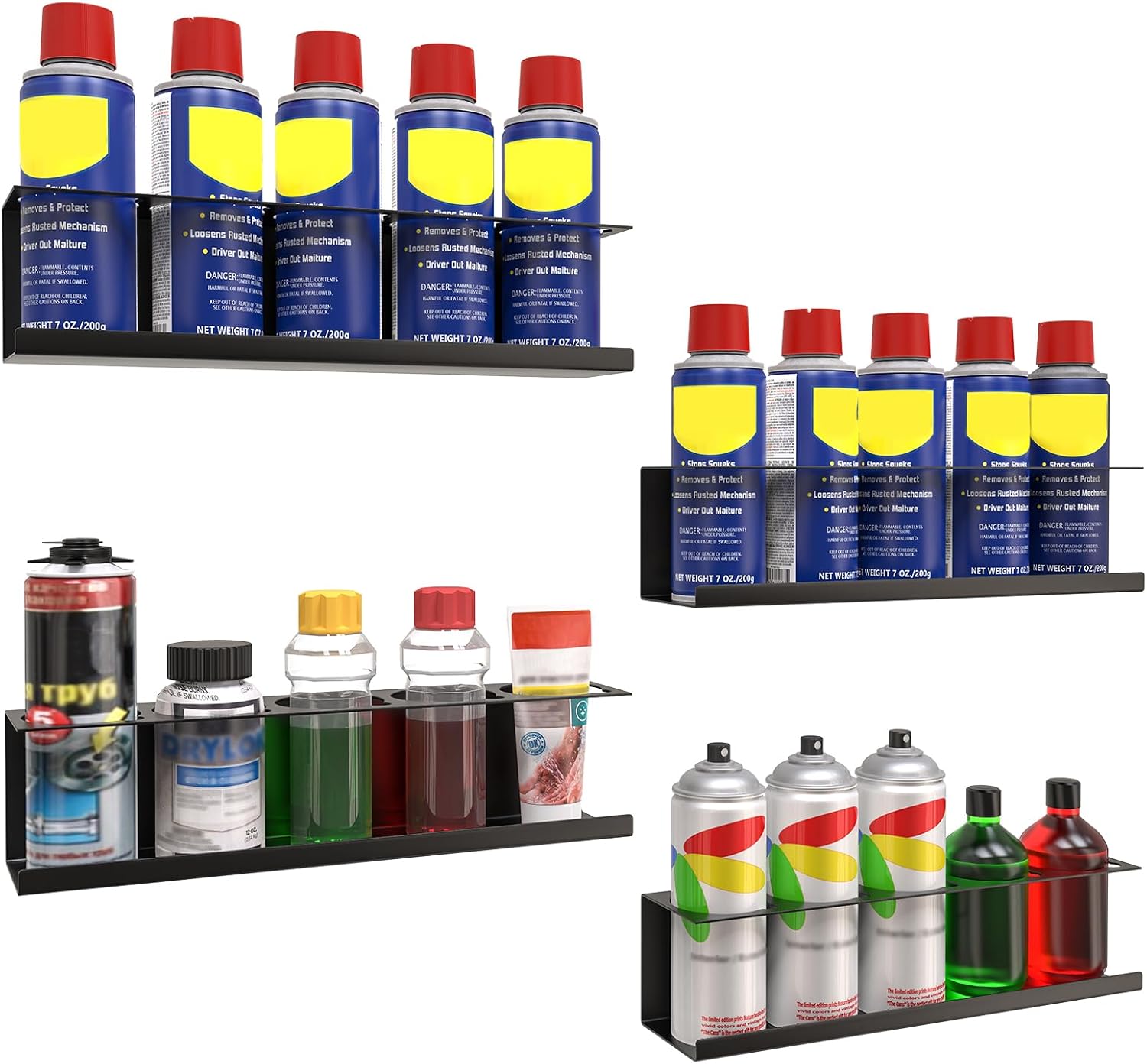 4 Pack Wall-Mounted Spray Bottle Holder, Aerosol Spray Can Holder Storage Rack, Heavy-Duty Paint Bottle Organizer With 20 Holes, Steel Black Spray Rack for Garage, Shop, Home or Tool Trailer