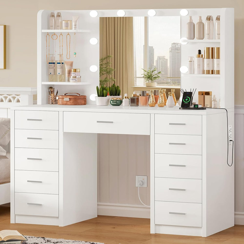 Quimoo Large Vanity Desk with Mirror and Lights, Makeup Vanity with 11 Drawer...