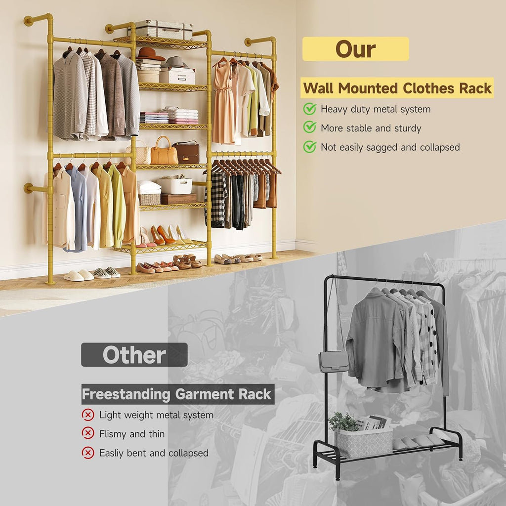 H3 Expandable Wall Mounted Closet System, 5.4FT-8.1FT Closet Organizer with 4 Telescopic Rods & 6 Wire Shelves, Industrial Pipe Clothing Rack for Walk-in & Reach-in Closet (Gold)