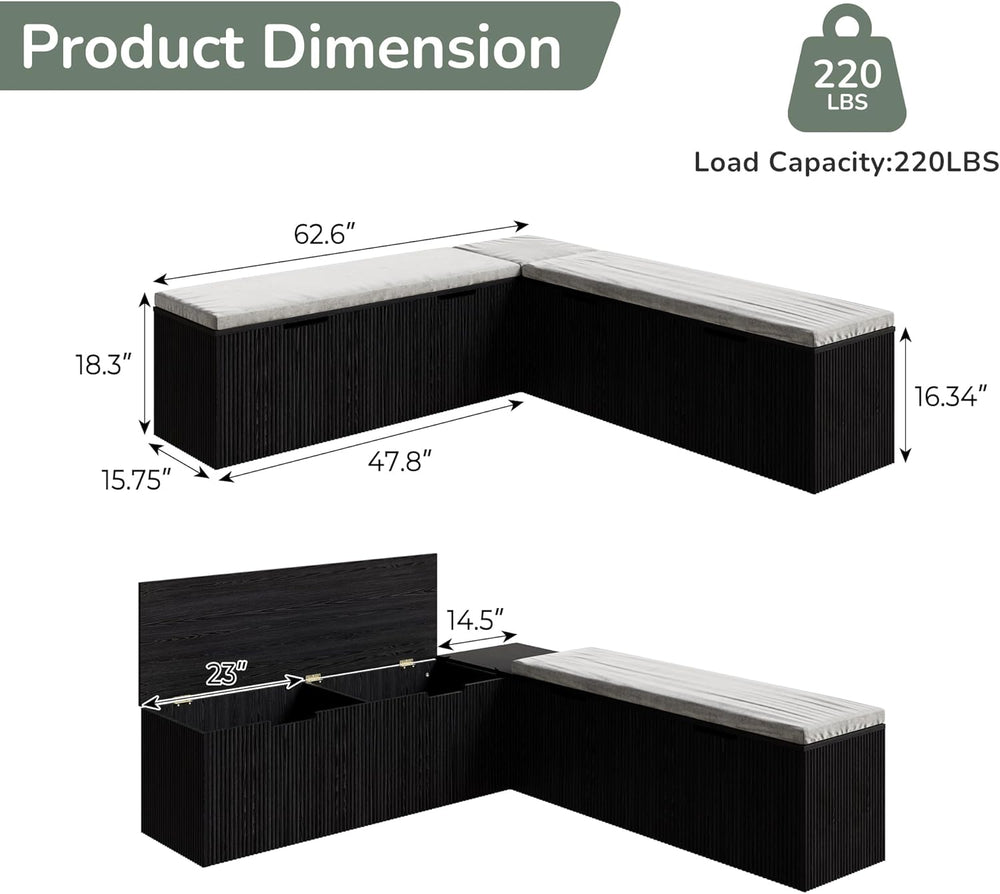 Bobve L-Shape Storage Bench with Cushion, Backless Corner Dining Bench, Kitch...