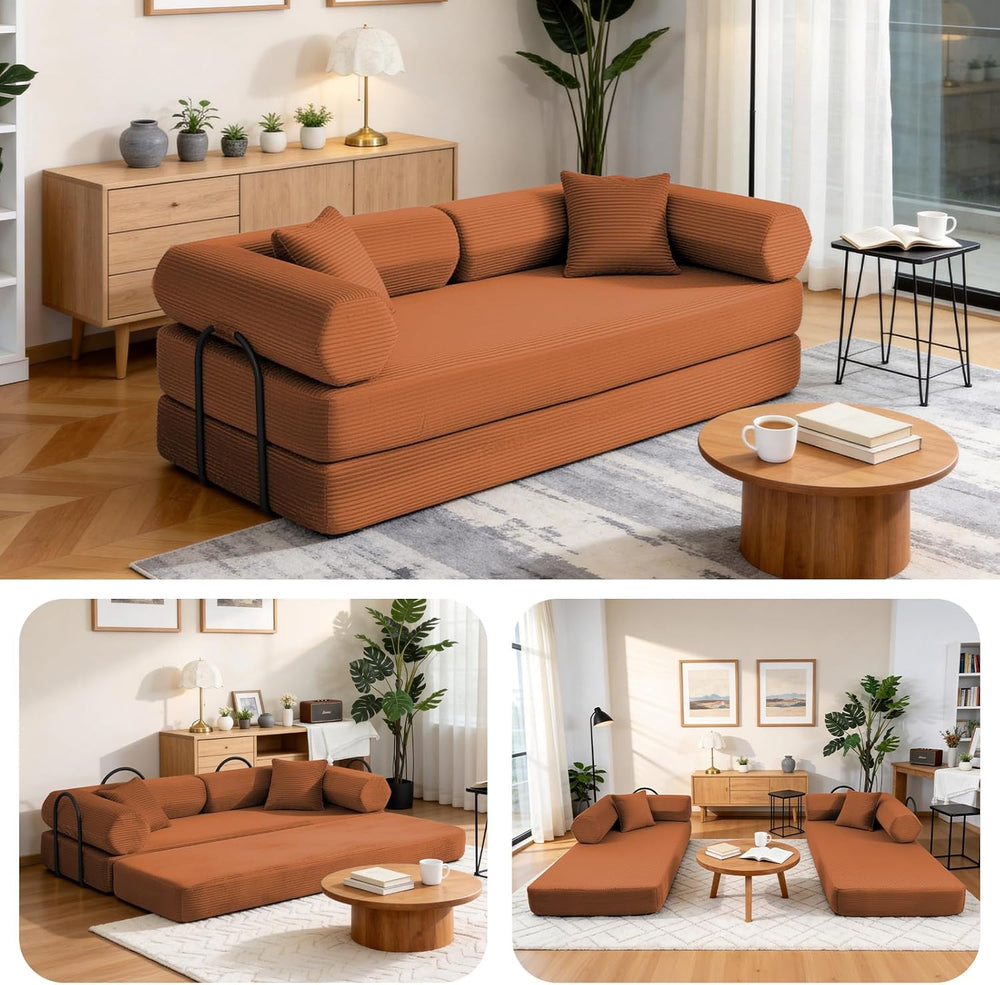 79" Corduroy Sofa Bed, Couch in a Box with 2 Pillows, High-Density Foam ...