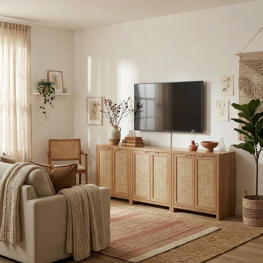 OAKHAM Home Rattan Sideboard Cabinet with Storage, Natural Oak, Set of 3 | Buffet Cabinet with 2 Soft-Close Doors, Adjustable Shelves and 110 lbs Top, For Living Room, Kitchen, Entryway