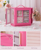 Homde Christmas Gifts Jewelry Box 360° Rotating, Necklace Earring Organizer with Transparent Window, Mirror, 7 Drawers, Large Ring Display Storage Case for Girls Women (Pink)