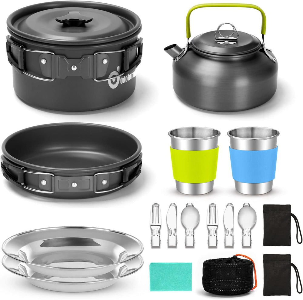 Odoland 19pcs Camping Cookware Mess Kit, Non-Stick Pot Pan Kettle Set for 2