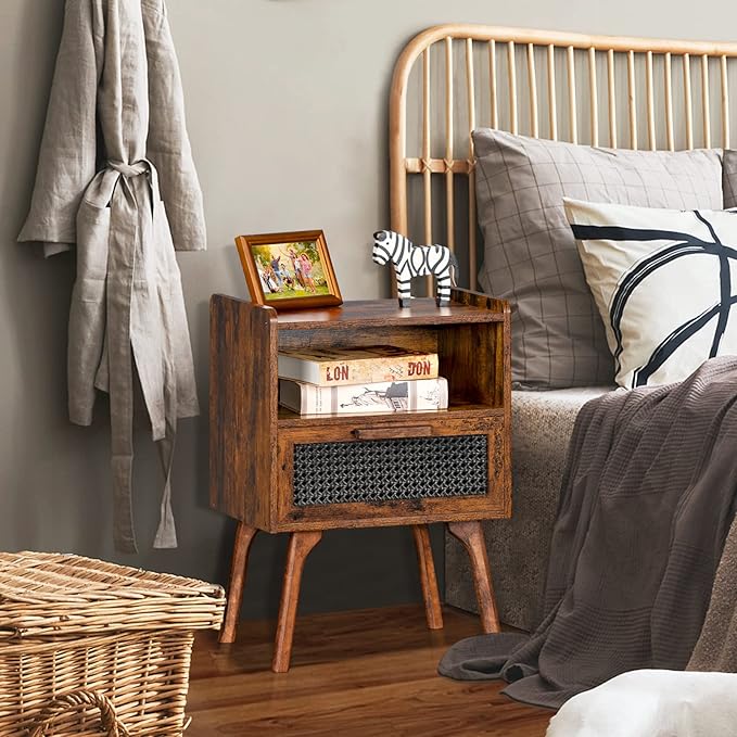 Lerliuo Rattan Nightstands Set of 2, Boho Side Table with Drawer Open Shelf, ...