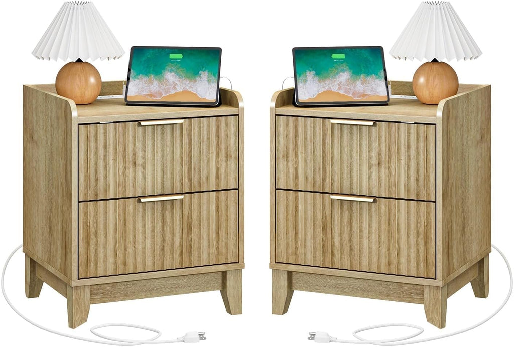 Wnutrees Fluted Nightstand with Charging Station, Modern Bedside Table with 2 Drawers, Farmhouse Wooden End Side Table for Living Room, 2Pack, Natural