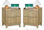 Wnutrees Fluted Nightstand with Charging Station, Modern Bedside Table with 2 Drawers, Farmhouse Wooden End Side Table for Living Room, 2Pack, Natural