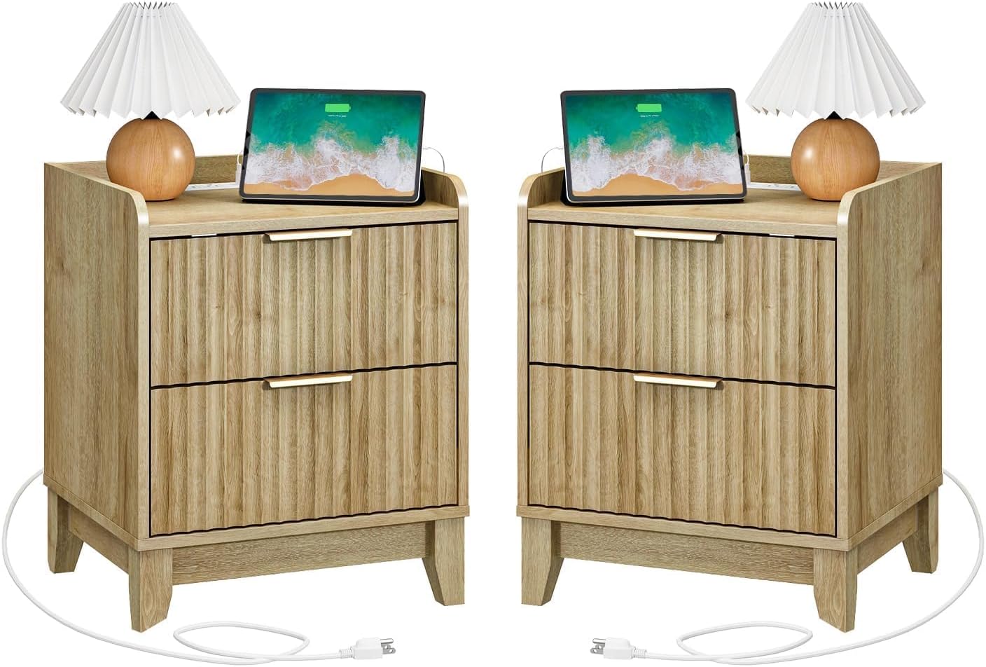Wnutrees Fluted Nightstand with Charging Station, Modern Bedside Table with 2 Drawers, Farmhouse Wooden End Side Table for Living Room, 2Pack, Natural