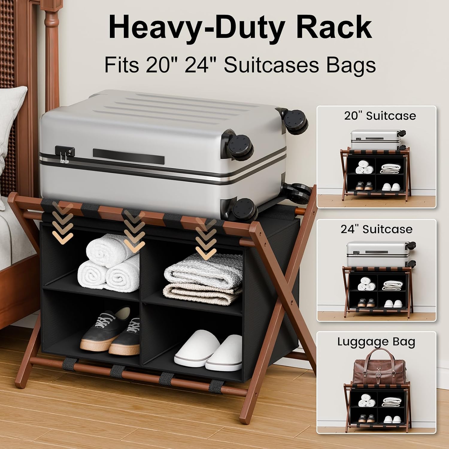 Bamboo Luggage Rack with 4 Storage Compartments, 150 lb Capacity | 600D Water-Resistant Oxford Fabric,Foldable,Space-Saving Design,Stable X-Frame Structure,Natural Bamboo, Strong and Durable
