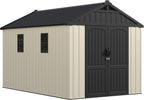 Greesum 8x12 FT Plastic Outdoor Storage Shed with Floor, Resin Sheds with Window and Lockable Door, Weather Resistant Organization for Garden, Patio, Pool Supplies, Beige