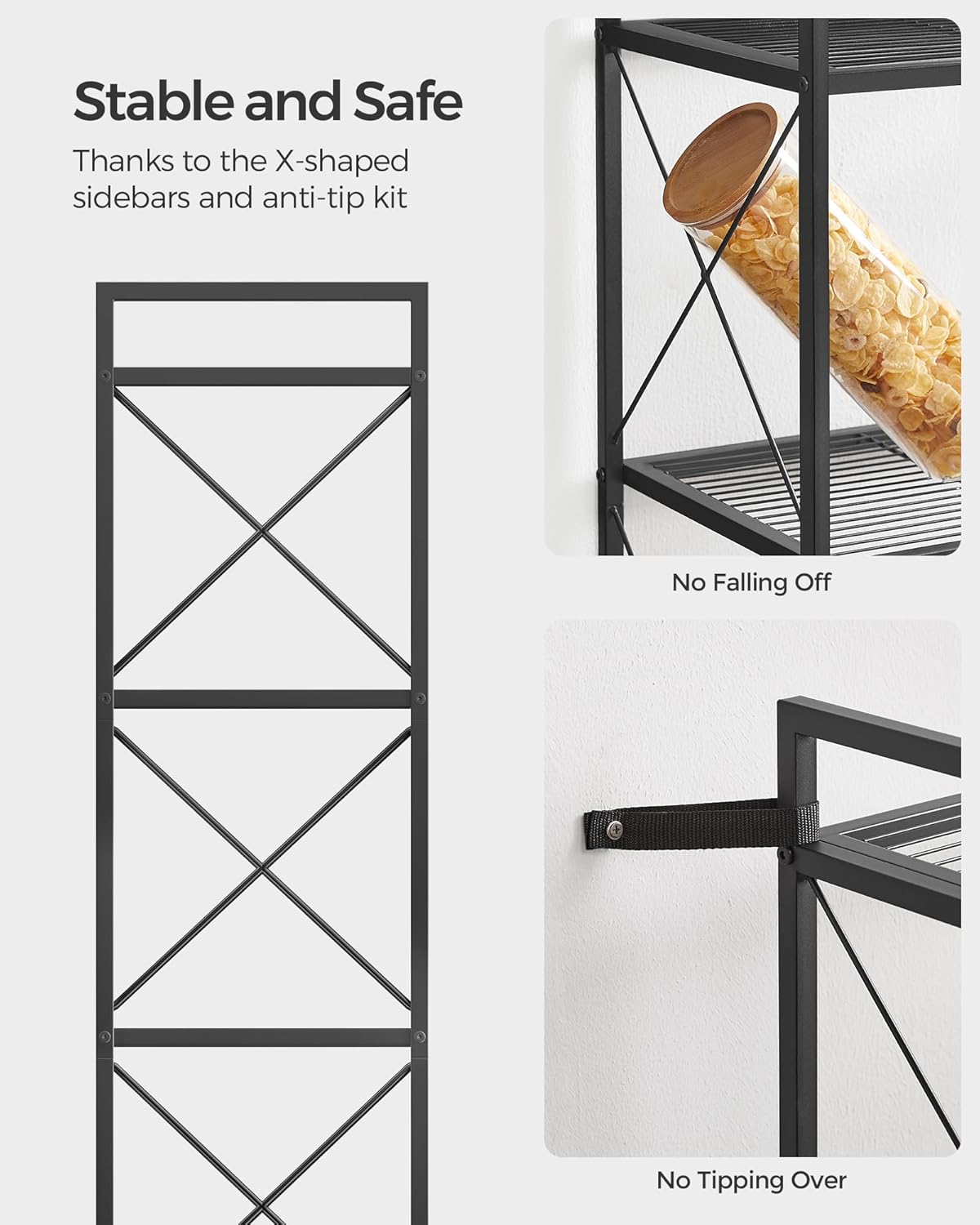 SONGMICS 4-Tier Metal Storage Rack, Shelving Unit with X Side Frames, Dense Mesh, 12.6 x 23.6 x 44.3 Inches, for Entryway, Kitchen, Living Room, Bathroom, Industrial Style, Ink Black UBSC164B01