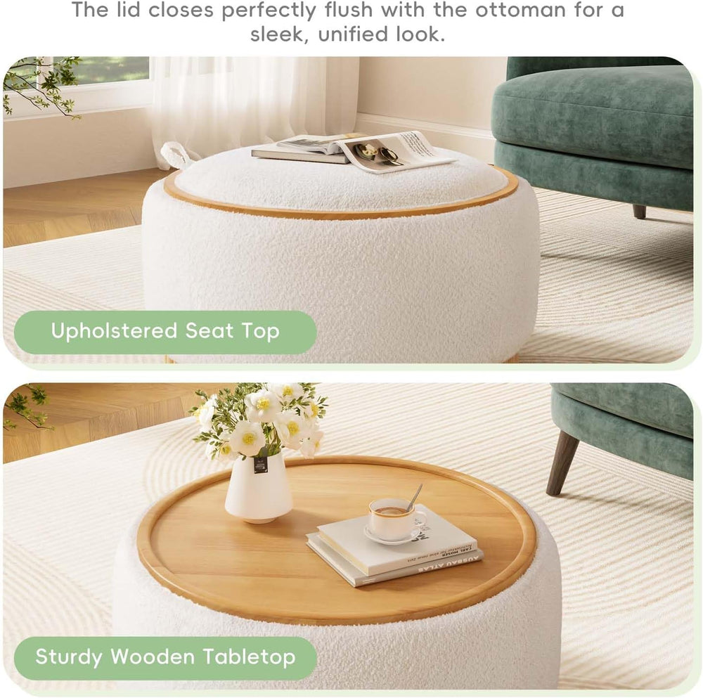 29" Boucle Upholstered Round Storage Ottoman with Solid Wood Legs, Moder...