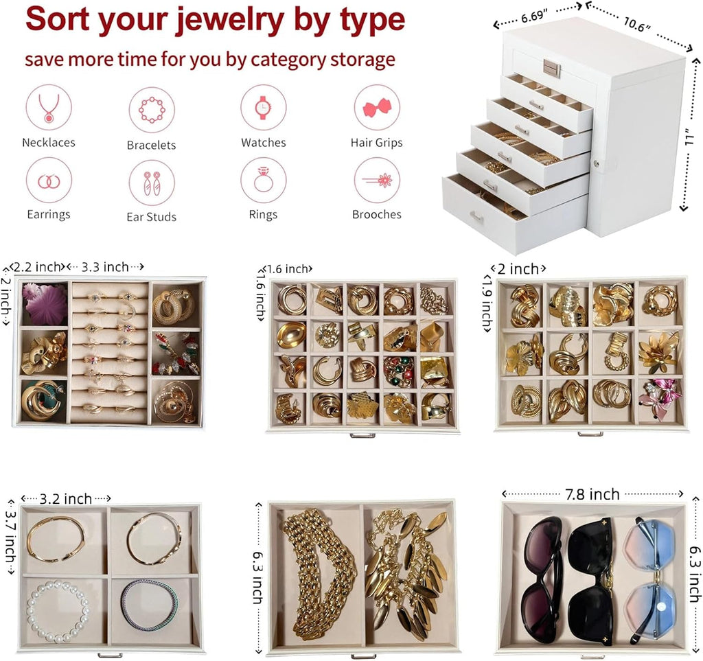 BOOVO Jewelry Box For women, 6 Layer Large Jewelry Organizer With Mirror, Multi-Function Storage Box With Lock, Necklace Holder With 5 Drawers, For Earrings Necklace Bracelet (Silver and White)