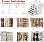 BOOVO Jewelry Box For women, 6 Layer Large Jewelry Organizer With Mirror, Multi-Function Storage Box With Lock, Necklace Holder With 5 Drawers, For Earrings Necklace Bracelet (Silver and White)