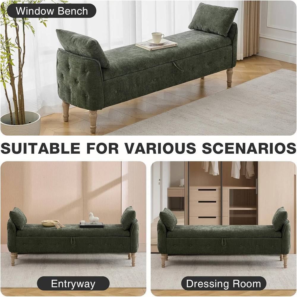 67"End of Bed Storage Bench King Size,Upholstered Bedroom Bench,Green | ...