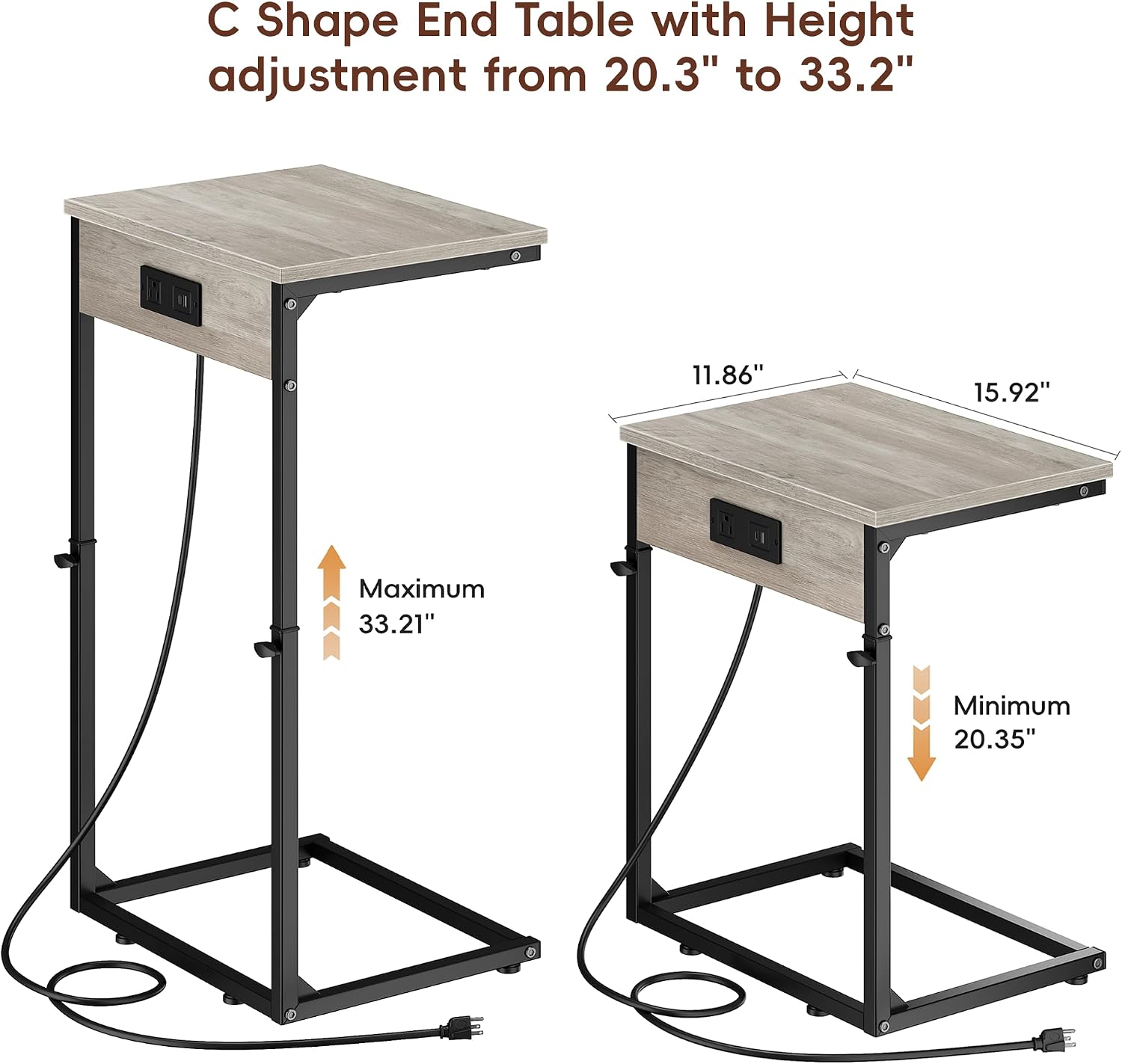 Vagusicc C Shaped End Table with Charging Station, Adjustable Height Side Table for Couch,Small Side Table Small Spaces,33.2'' Tall Couch Tables that Slide Under, Tv Tray Table for Living Room, Greige