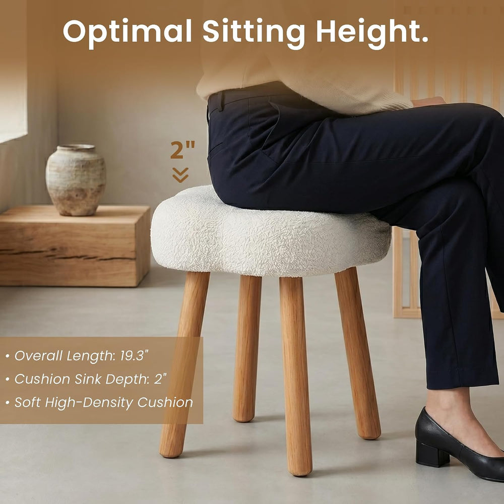 Cmishe Cloud Vanity Stool with Solid Beech Wood Legs, Boucle Makeup Chair for...
