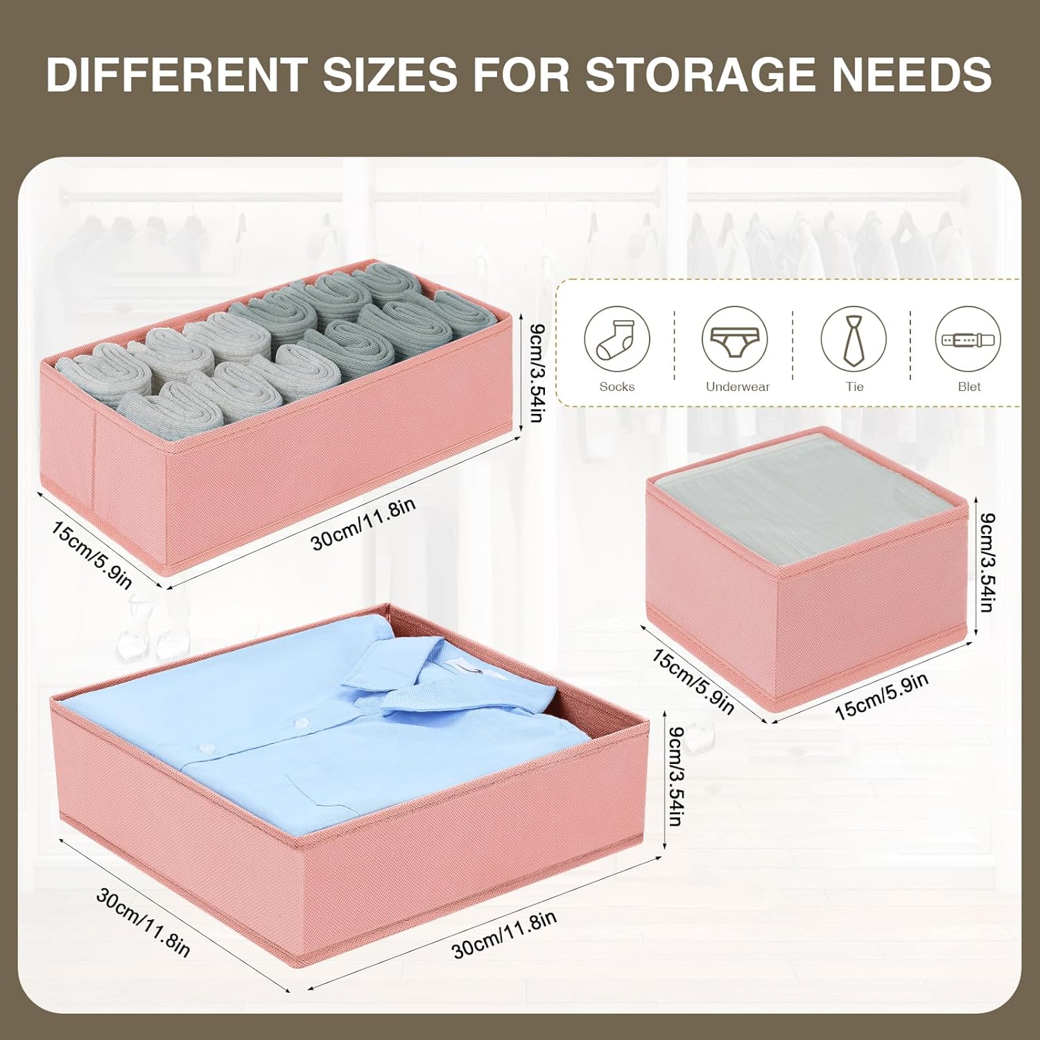 DIMJ Fabric Drawer Organizer Bins - 12 Pack Foldable Sock & Clothes Organizer - Pink