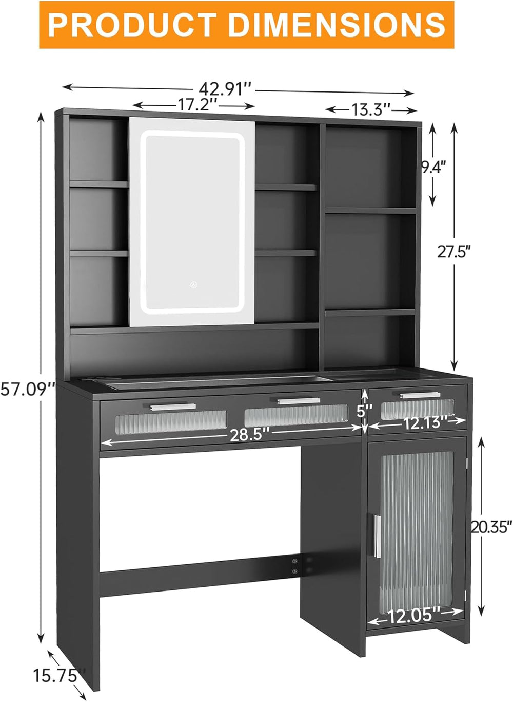 Hadulcet Black Vanity Makeup Desk with Sliding Mirror and Lights, 43” Transpa...