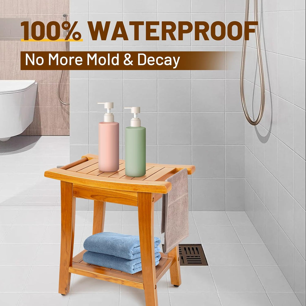 16" Compact Teak Shower Bench with Shelf & Handle, Solid Premium Tea...