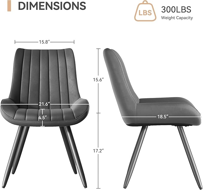 Dining Chairs Set of 2, Mid Century Modern Kitchen Chairs with Soft Cushion, Comfortable Upholstered Fabric Dining Room Chairs for Kitchen,Dark Grey