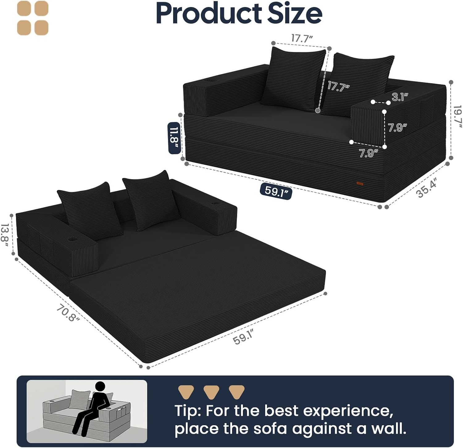COMAX Futon Sofa Bed, 4‑in‑1 Convertible Sofa Bed, Folding Boneless Couches | Boneless Couch for living room, Fold Out Small Foldable Loveseat Floor Sleeper Mattress Lounge Space‑Saving, Black