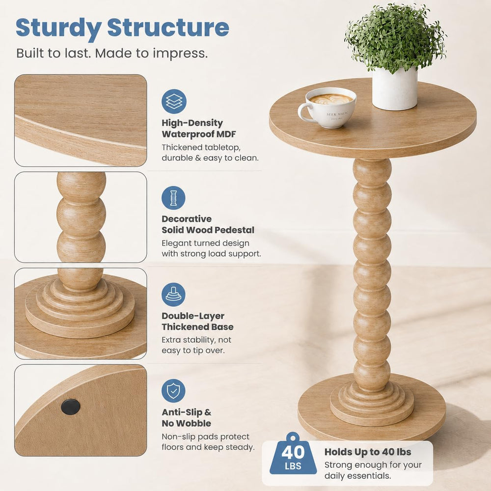 Round Side Table for Small Spaces, Modern Accent End Table with Solid Wood Le...