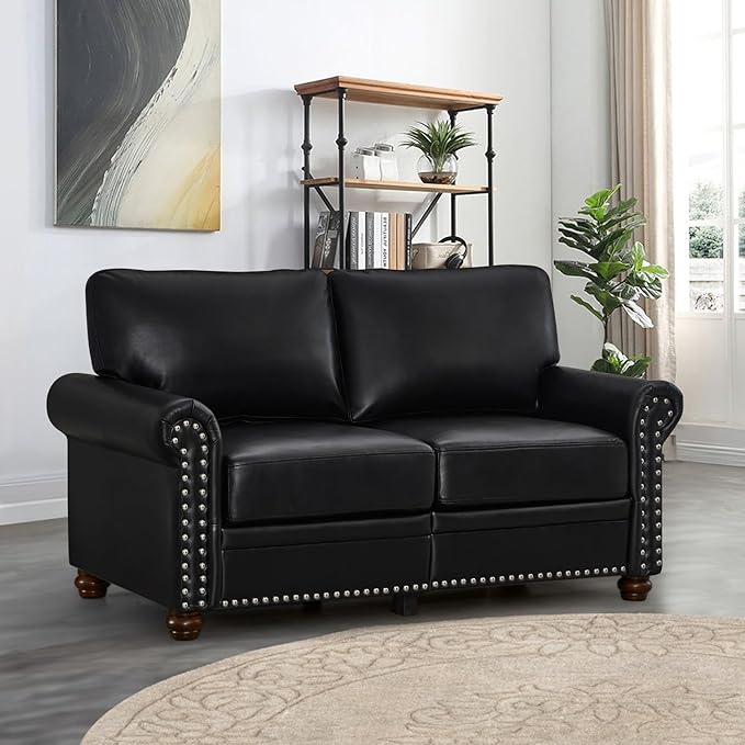 2 Piece Faux Leather Sofa Set,Modern Chair and Loveseat Sets with Storage,Mid Century Couch with Rivet Rolled Arm,Comfy Deep Seat Sofa,Furniture for Living Room,Office(Armchair+Loveseat,Black)