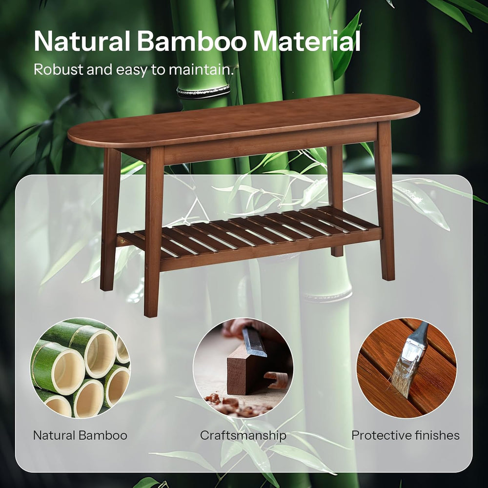 HOOBRO Dining Bench, 2-Tier Bamboo Farmhouse Entryway Bench, Indoor Storage W...