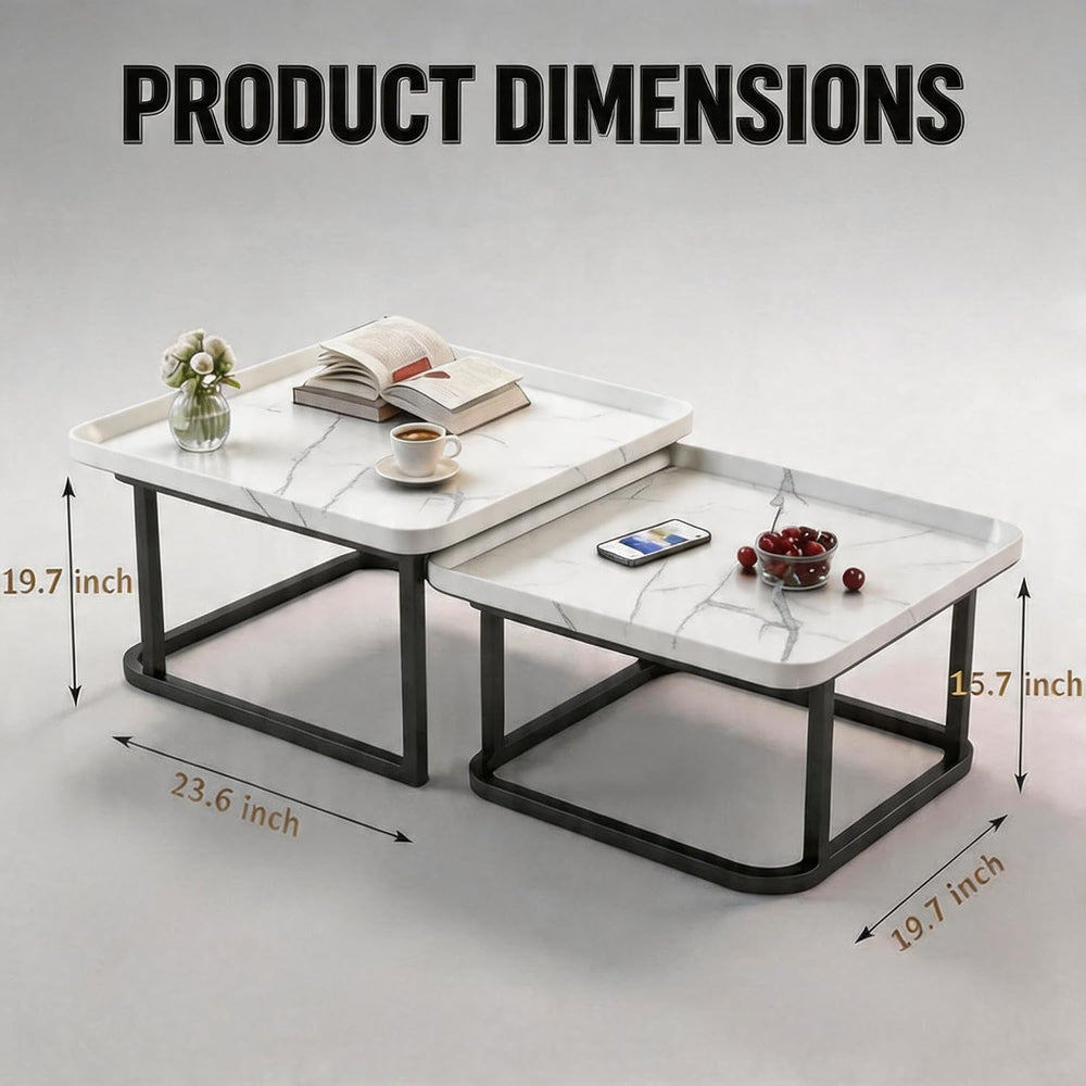 Set of 2 Nesting Coffee Tables, Space‑Saving Side Table Set,White | Stackable...