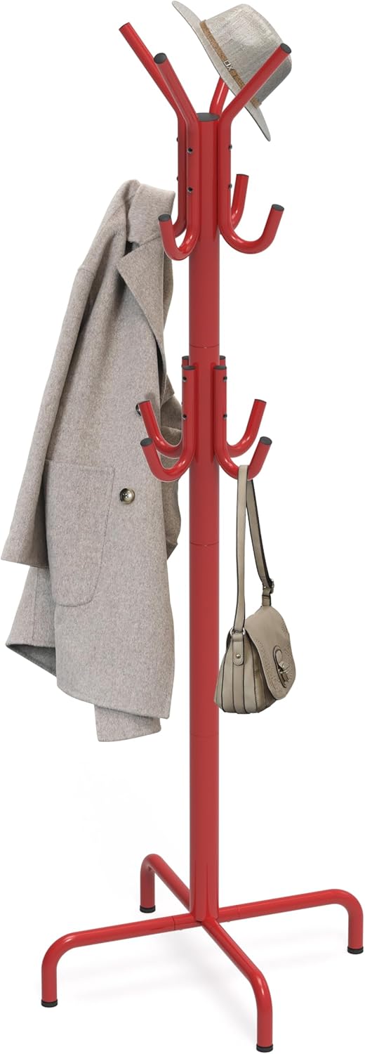 Simple Houseware Standing Coat/Hat Hanger Organizer Rack, 12 Hooks, Red
