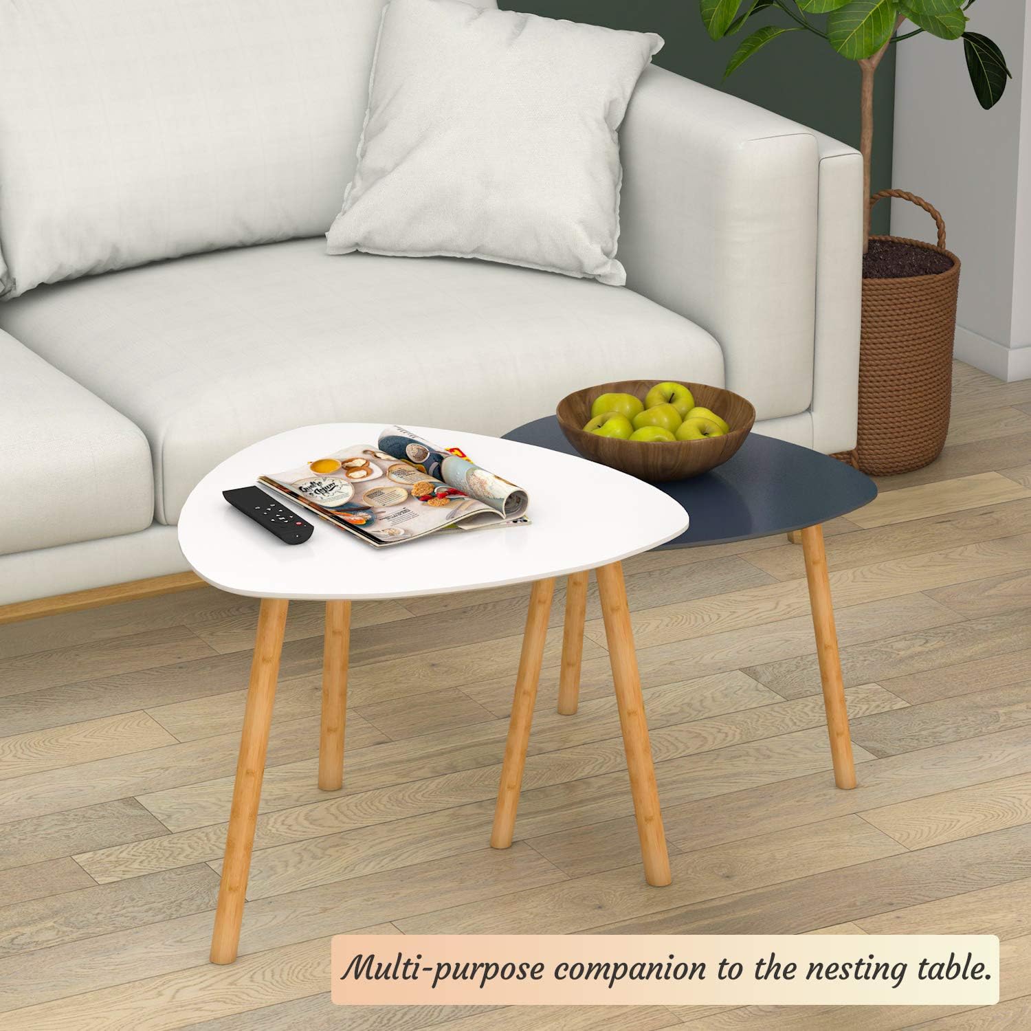 Bamboo Nesting Coffee Tables - Small Coffee Table for Living Room, Set of 2 Triangle End Table Modern Side Table for Bedroom Apartment Balcony Yard Small Spaces, (White & Gray)