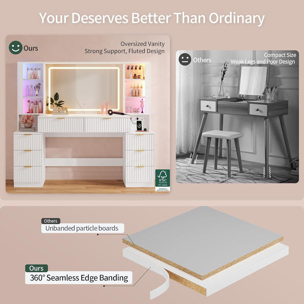 Big Vanity Desk, Fluted Makeup Vanity with Mirror Lights, Dressing Table | La...
