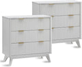 T4TREAM Fluted 3 Drawers Nightstand Set of 2, Oversized Extra Large Modern Side Table with Faux Marble Top, End Table Bedside for Bedroom, Living Room, Curved Profile Design, Solid White