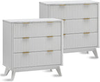 T4TREAM Fluted 3 Drawers Nightstand Set of 2, Oversized Extra Large Modern Side Table with Faux Marble Top, End Table Bedside for Bedroom, Living Room, Curved Profile Design, Solid White