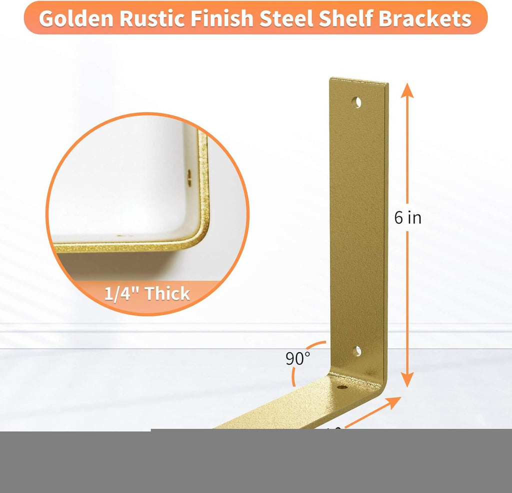 L Shelf Brackets 10 inch, Gold Heavy Duty Iron Shelf Brackets, Industrial Modern Floating Shelf Support for Wall Mount Shelves