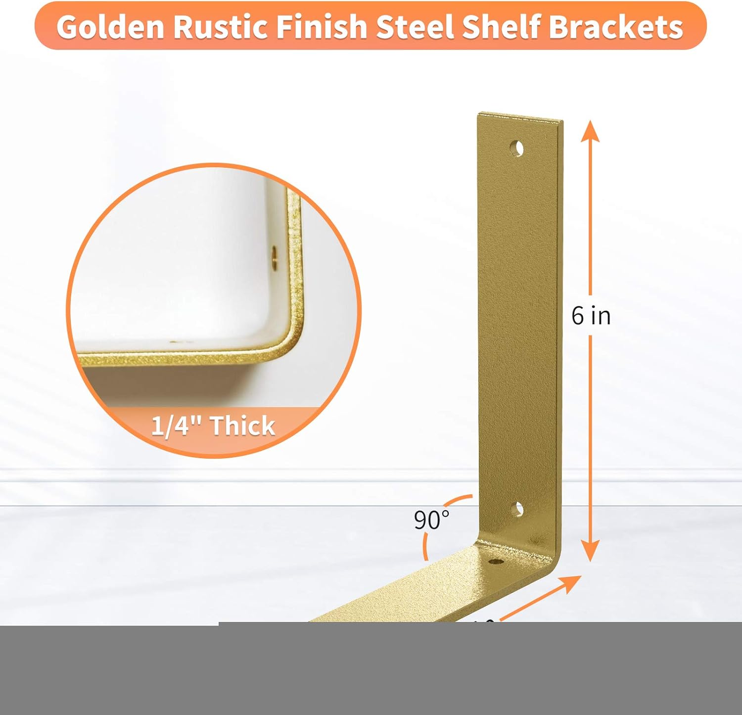L Shelf Brackets 10 inch, Gold Heavy Duty Iron Shelf Brackets, Industrial Modern Floating Shelf Support for Wall Mount Shelves