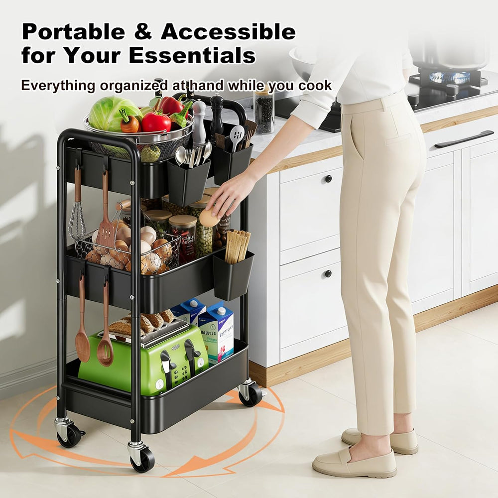 3 Tier Heavy Duty Metal Rolling Storage Cart Organizer with Wheels, Black | T...