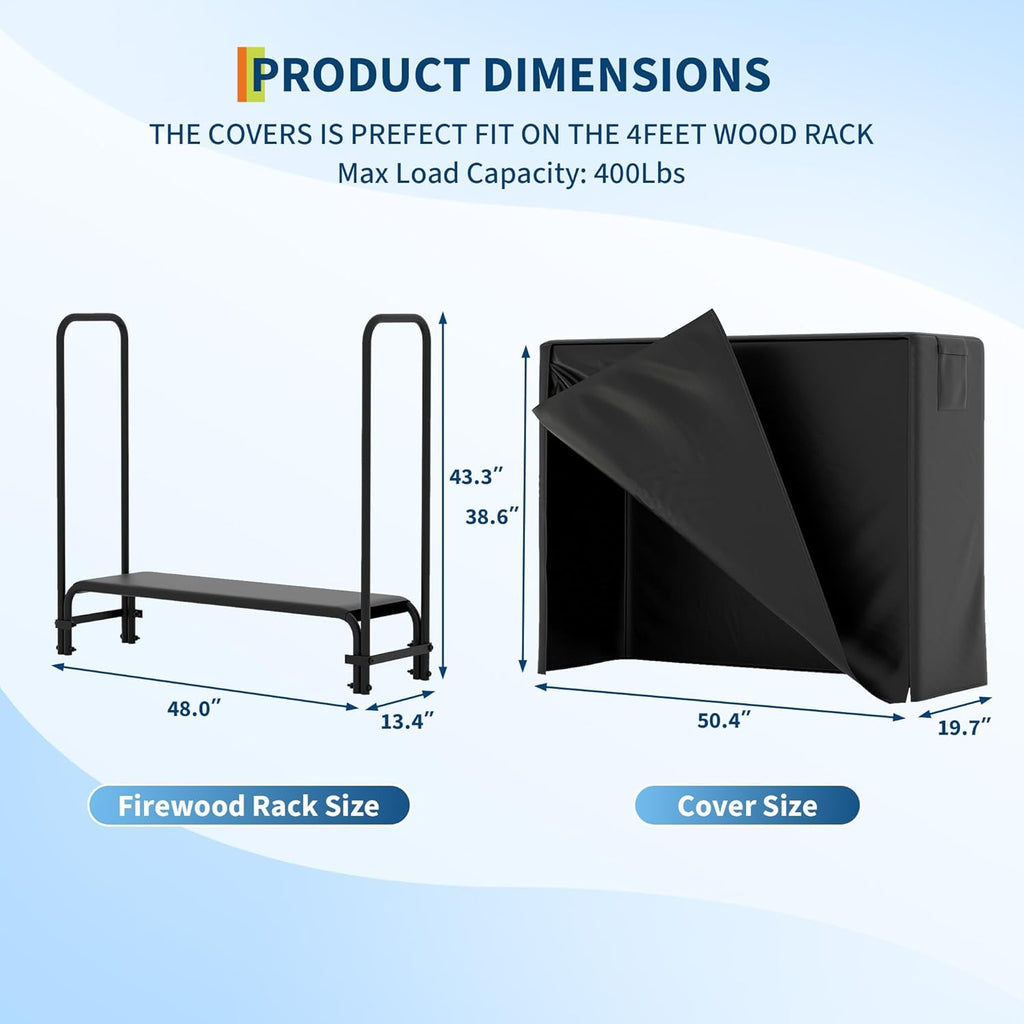 4FT Firewood Rack with Cover, Holders Firewood Outdoor Log Rack with Zipper, 4FT Heavy Duty Indoor Firewoods Storage Log Racks, Black Waterproof Oxford Fabric