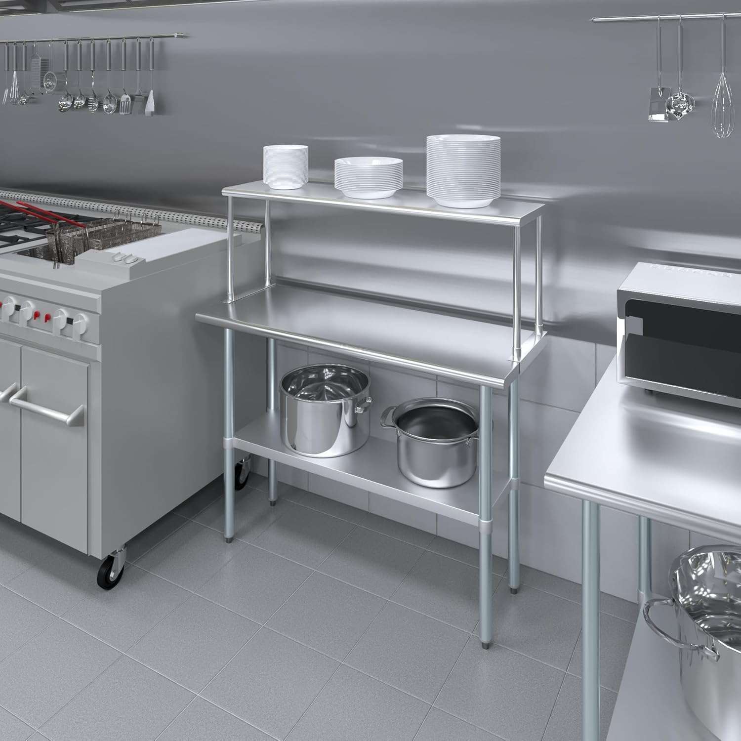 Stainless Steel Work Table with Wide Single Tier Overshelf | Metal Kitchen Prep Table & Shelving Combo (18" x 48" Work Table + 12" Overshelf)