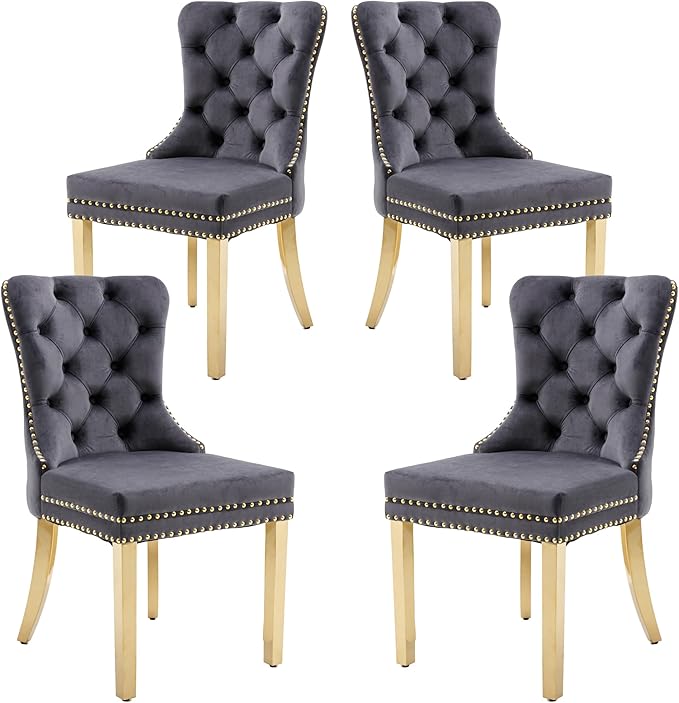 KCC Velvet Dining Chairs Set of 4, Upholstered High-end Tufted Dining Chair with Nailhead Back Ring Pull Trim Stainless Steel Legs, Contemporary Nikki Collection Modern Style for Kitchen, Dark Gray