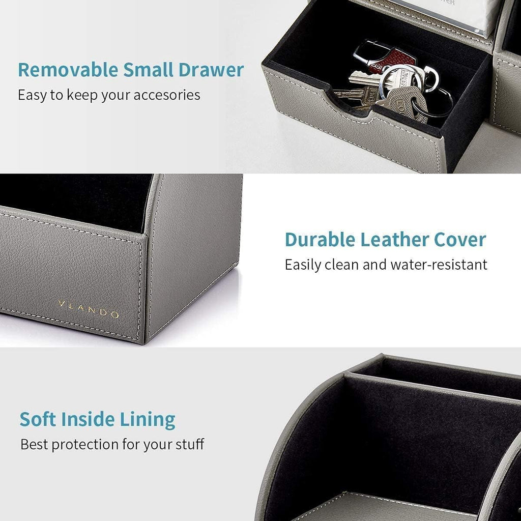Vlando Office Desk Organizer Leather Desktop Organizer Caddy with Drawer for Storing Desktop Supplies and Accessories (Grey Set)