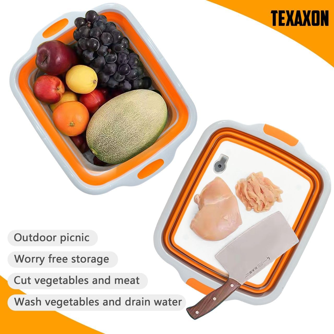 8L/16L BBQ Prep Tub with Cutting Board, Lid & Complimentary Mitts/Gloves – Collapsible Bucket for BBQ, Marinade, Picnic, Camping, Meat Prep – Orange/Black (Orange, X-Large)