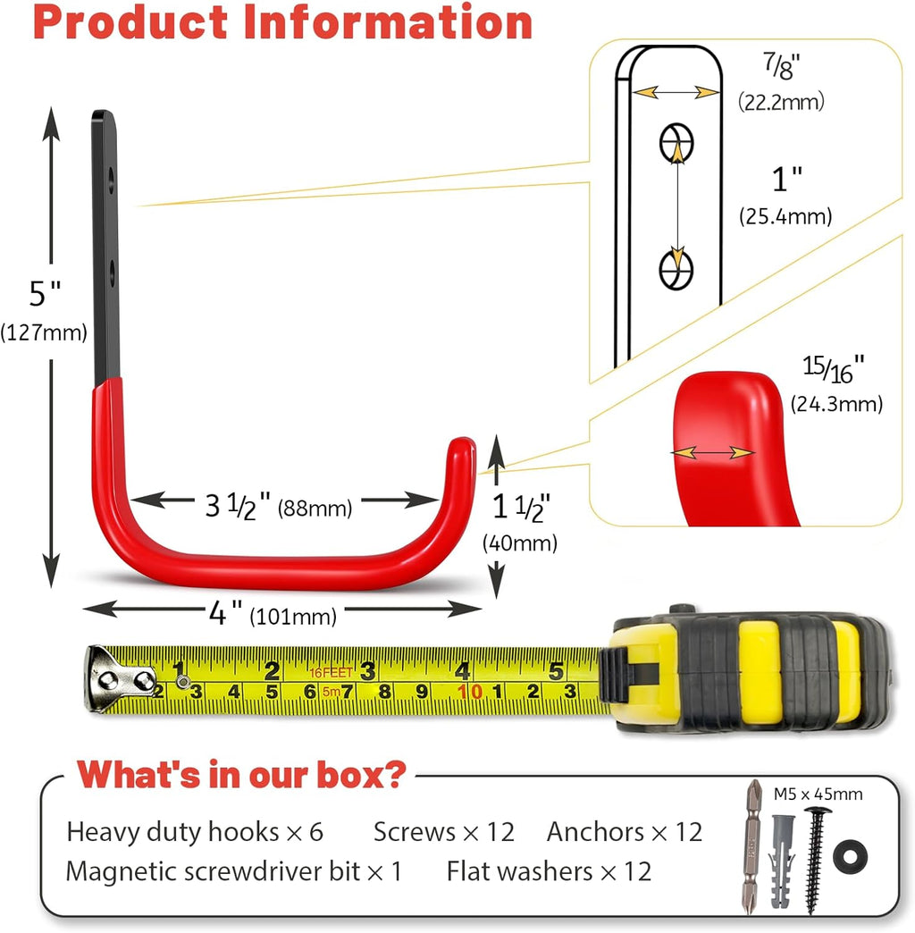 4 Inch Garage Hooks, 6 Pack Heavy Duty Wall Hooks for Hanging, Ladder Hangers for Garage Wall Mount, Steel J Utility Garden Hose Holder Tool Organizers and Storage(55lbs)