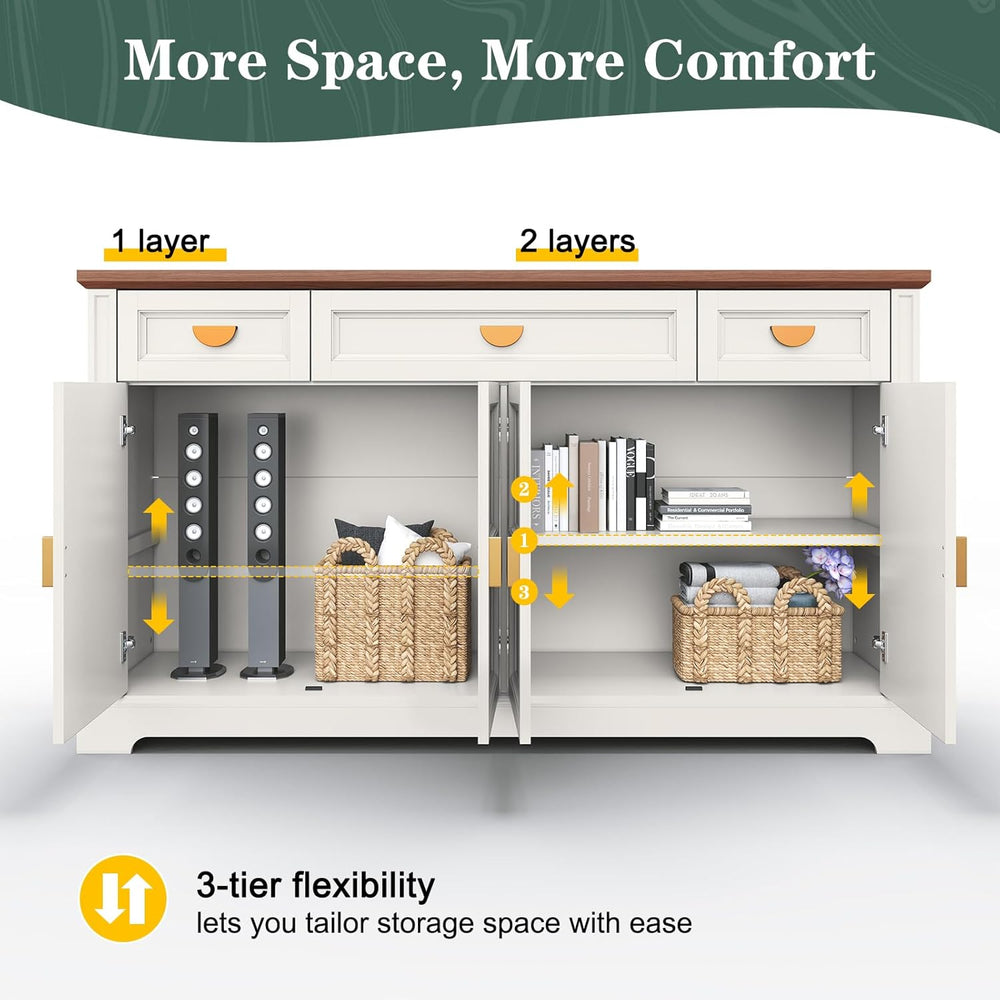 HLR Buffet Cabinet with Drawers,60” Large Sideboard Storage Cabinet with Shel...