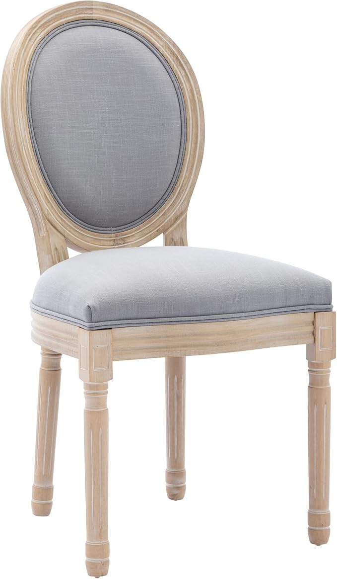 Nrizc French Country Dining Chairs Set of 2, Farmhouse Dining Chairs, Vintage Dining Chair with Round Back, Mid Century Dining Chair, Wood Grey Fabric Chair, for Kitchen, Bedroom, Restaurant