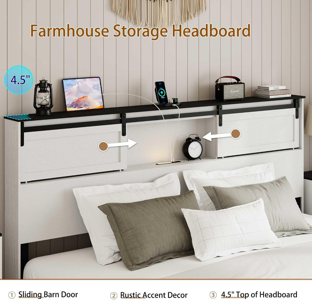 Peanu King Bed Frame, Charging Station, White Metal Storage Headboard