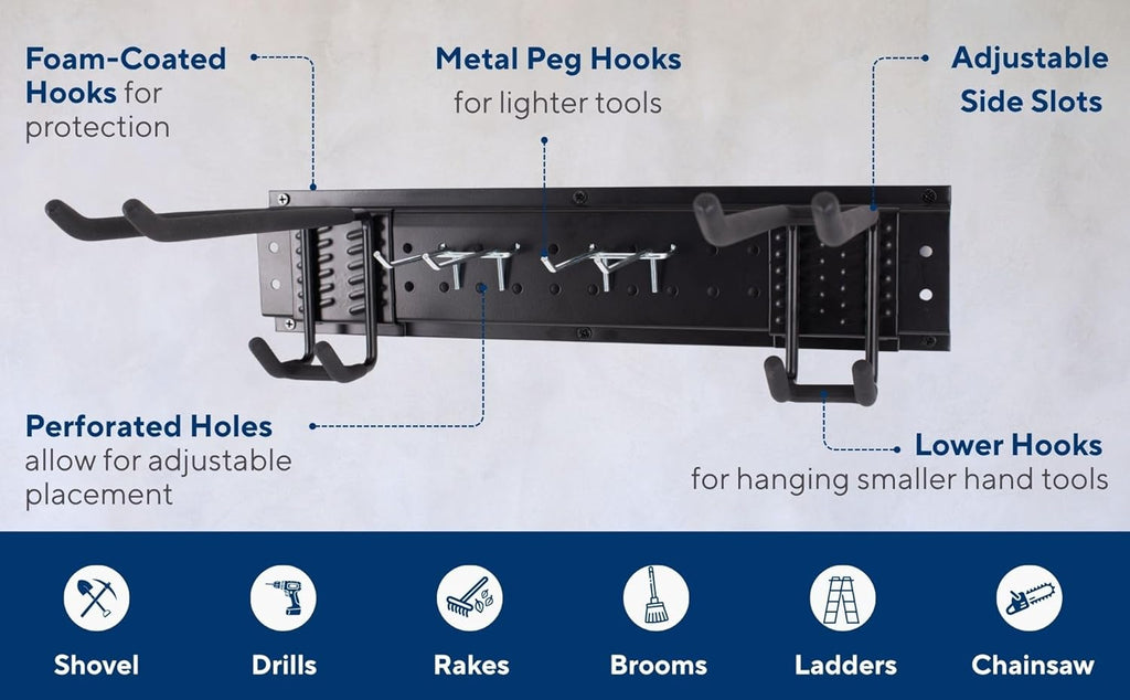 Heavy-Duty Wall Mount Garden Tool Organizer Rack, Black Metal, Multi-Hook Storage System